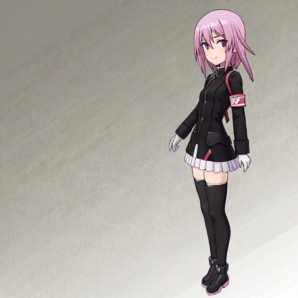shiny skin,,1girl,,solo, score_9, score_8_up, score_7_up, source_anime,anime screencap,,smile,official costume,yotsuyu,pink hair,full,animacion_y,armband,black jacket,white miniskirt,white gloves,black thighhighs,black footwear,bodyng_deepnegative_v1_75t,an14ng_deepnegative_v1_75t