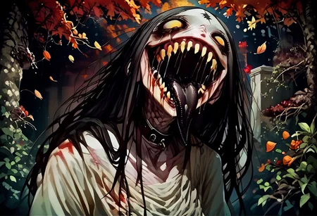 score_9, score_up_8, masterpiece, best quality, explicit, 
hasshaku-sama, mature woman, large woman, tall woman, sagging breast, enormous breast, long hair, black hair, horror (theme), collar bone, bony body, skinny, anorexic, fall season, trees, red yellow and orange leaves, falling leaves, night, garden, Expressiveh,  
 teeth, tongue, open mouth, horror, blood, stiches, scars, black tongue, very long tongue, black tears, full body