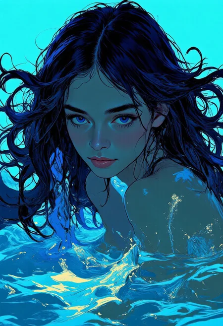 A cinematic illustration of a silhouette of a woman with long, flowing blue hair bathing in a tranquil body of water. Her hair blends seamlessly with the rippling water, creating a mesmerizing wavy pattern below her. The figure is partially submerged, with the water's movement emphasizing her graceful form. The woman's striking blue eyes are hidden beneath her hair, which covers her torso. She possesses a serene expression, evoking a sense of calm and tranquility. <lora:FLUX-daubrez-DB4RZ:0.83> DB4RZ, DB4RZ style painting, <lora:ILLUSTRATION_2_FLUX v2:0.53> <lora:Fantastic Realism - s0_8 g4:0.43> f4nt4st1c,