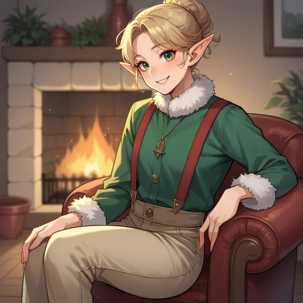 score_9, score_8_up, score_7_up, score_6_up, score_5_up, score_4_up, zPDXL2,source_anime,rating_questionable,indoors, fireplace, cozy, smile, <lora:Christmas_Elf:0.7> 3lf, pointy ears, pointy hat, green shirt, beige pants, red suspenders, fur trim,