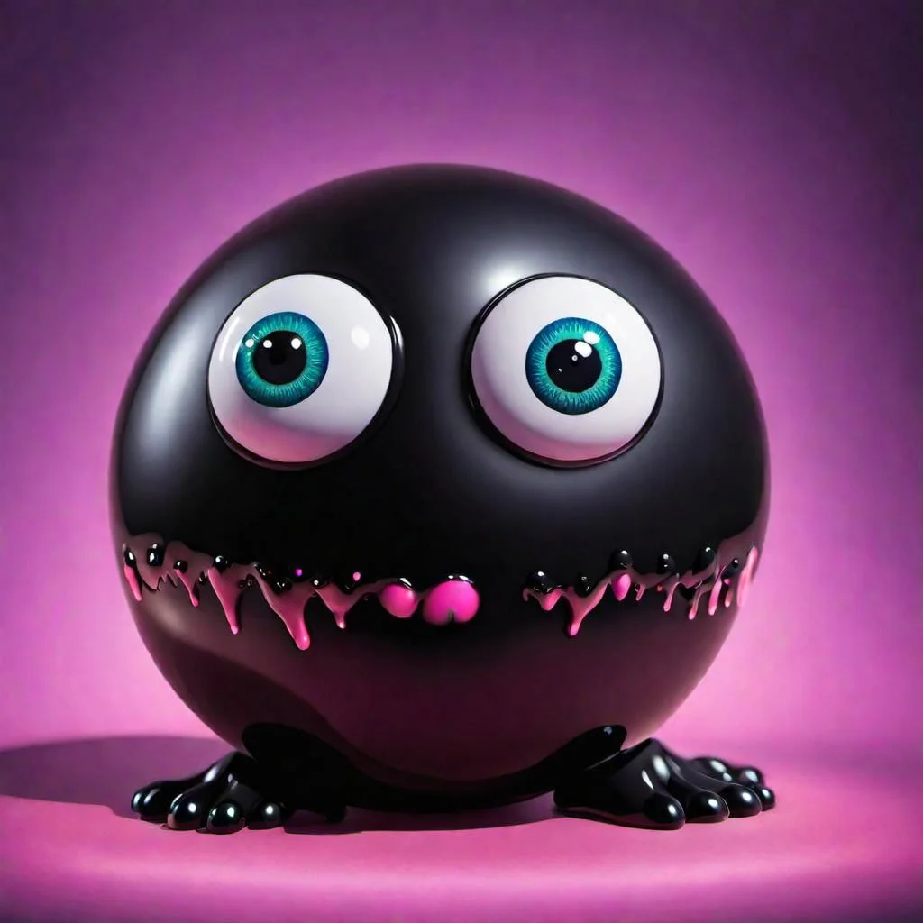 pitch black goo ball with two eyes, realistic cartoon