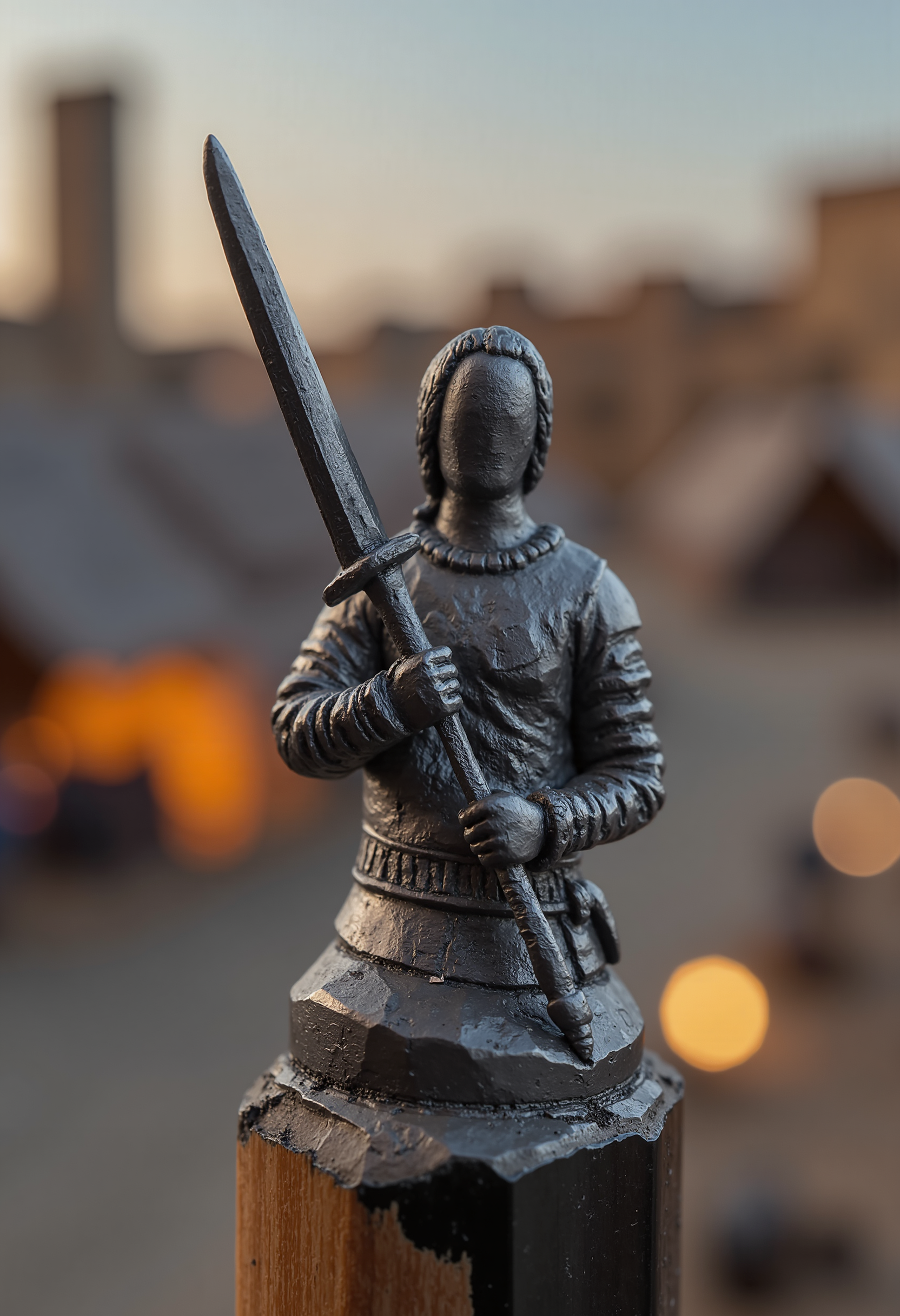 Mini sculpture on the tip of the pencil, showing a man holding a sword in his hands. Only the upper part of the man's body is visible, a bust sculpture. In the background, tents can be seen in the evening, the accommodation of an old warrior square, illuminated by evening lights. 