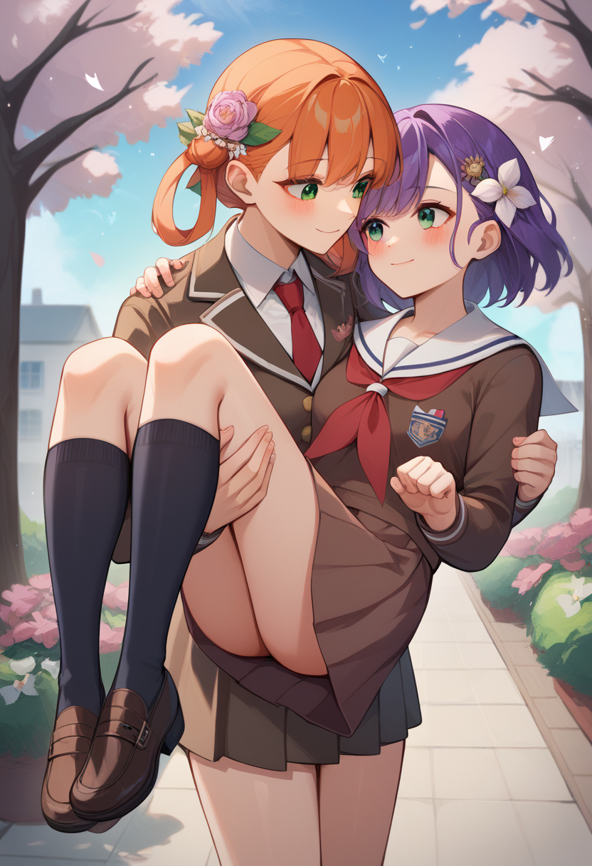 score_9,score_8_up,score_7_up,<lora:princess_carry_pony_pony:1>,multiple girls, 2girls, outdoors, carrying, looking at another, blush, smile, green eyes, orange hair, purple hair, medium hair, long hair, hair ornament, hair rings, school uniform, brown dress, dress, socks, winter uniform, white sailor collar, long sleeves, sailor collar, yuri, neckerchief, cat, flower, tree, red neckerchief, princess carry