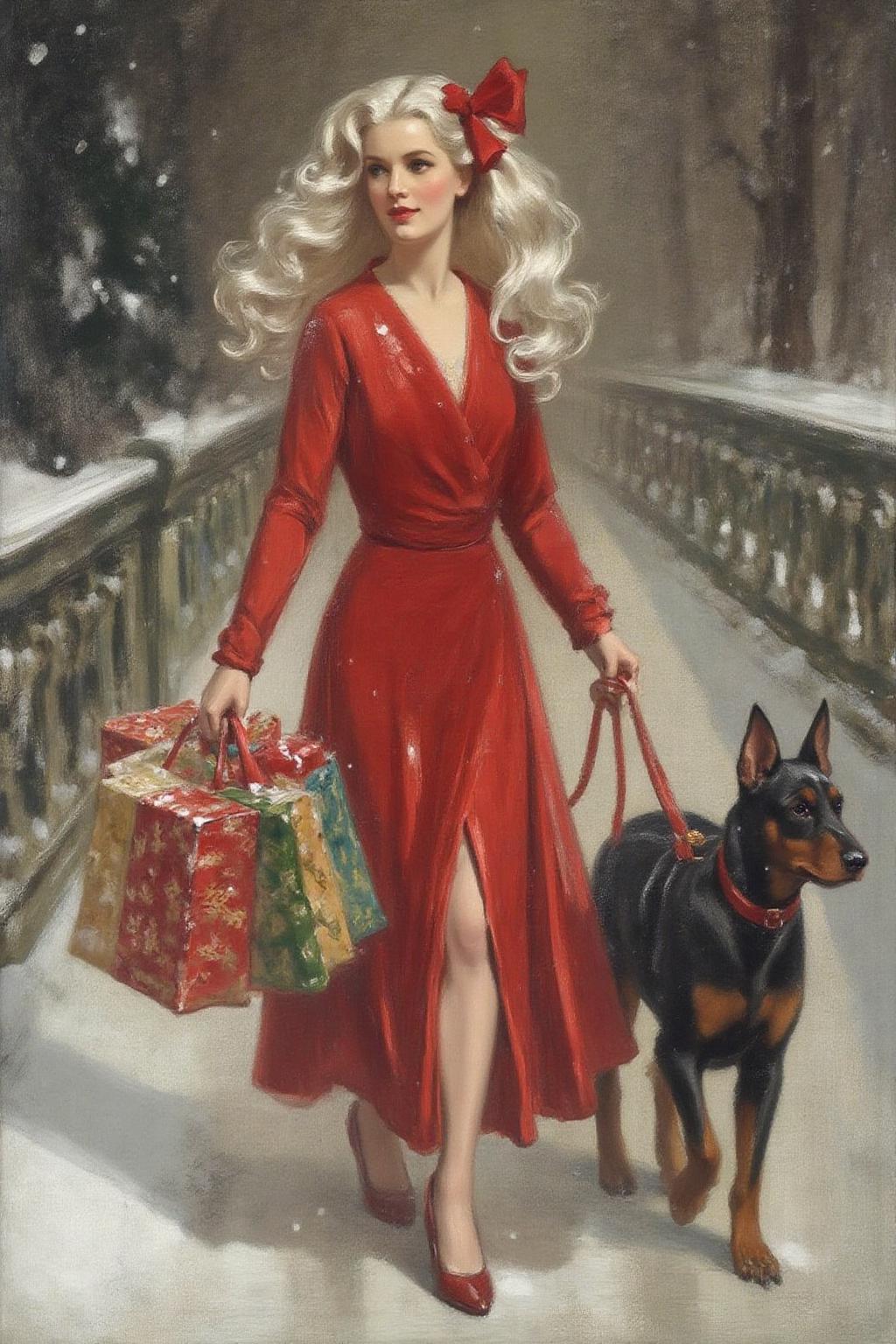 frankowensalisbury1 painting.
A woman with long, wavy white hair is wearing a red dress with a high slit and a red bow in her hair. She is walking in the snow on a bridge, holding a shopping bag filled with wrapped presents in one hand and a leash attached to a dobermann dog in the other <lora:frankowensalisbury1_cap_d8a4:1.0><lora:863240625925966295:0>