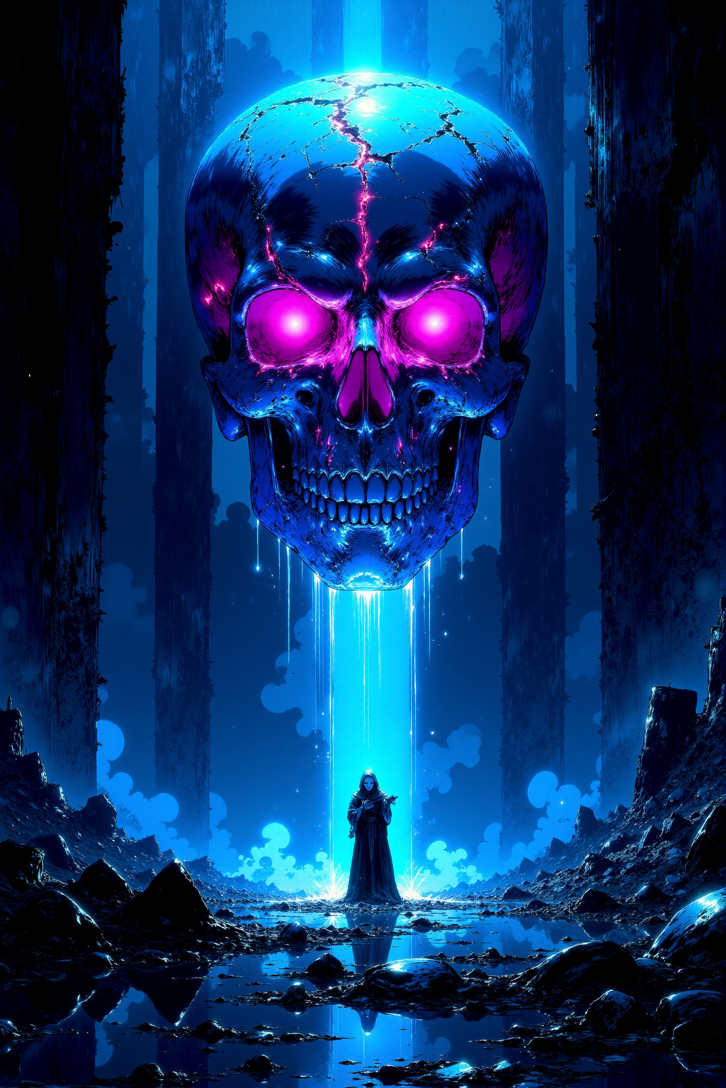 <lora:DGLO_style_v.7:0.75> DGLO style. An enormous, glowing cybernetic skull hovers ominously in a cavernous, dark, and futuristic void. The skull is fractured, with its cracks emitting neon blue and violet energy, pulsating like a digital heartbeat. Surrounding it, towering monolithic structures of black metal rise, inscribed with faintly glowing, alien circuitry patterns. The ground is a shattered reflective surface, crackling with electric-blue energy streams that radiate outward, connecting to mysterious holographic glyphs floating in midair. In the distance, a lone, hooded figure clad in glowing robes stands at the base of the skull, their hands raised as if summoning its power. The lighting is sharp and ethereal, casting long shadows that ripple across the scene, emphasizing the interplay of technology and mysticism. Camera angle: a dramatic low perspective, emphasizing the skull's immense scale and the figure's insignificance.