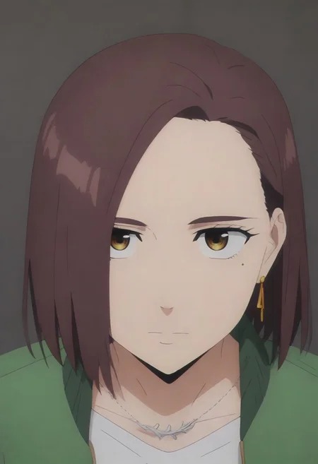 masterpiece, best quality, amazing quality, 1girl, solo,,, shiny skin,,,,, <lora:Kotoha_Tachibana_Characters:0.8>kotoha_tachibana, 1girl, solo, brown eyes, brown hair, short hair, green bomber jacket, white shirt, looking at viewer, earrings, silver necklace, mole under right eye,