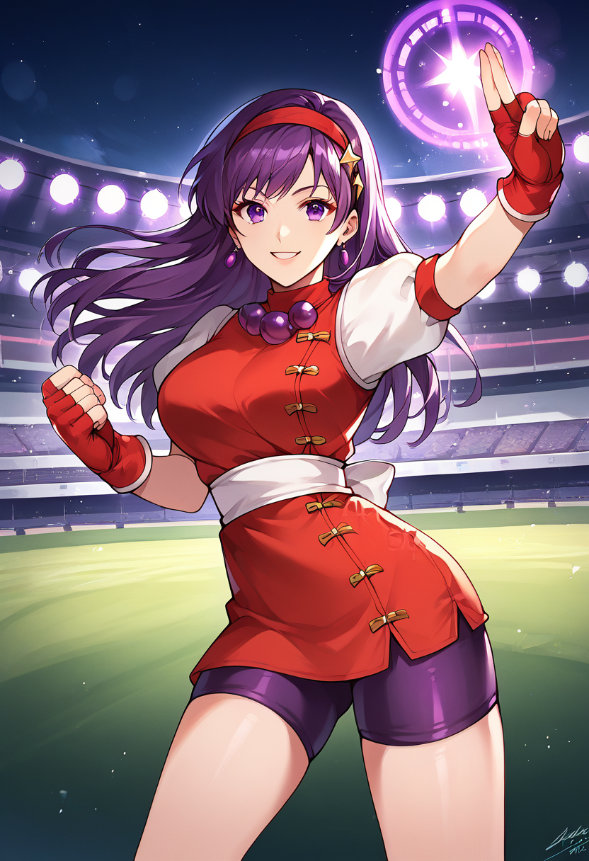 score_9, score_8_up, score_7_up,  source_anime,  BREAK  <lora:AthenaKOF98:0.9>, Athnea98, purple hair, long hair, red hairband, beads, red vest, white puffy sleeves, biker shorts, fingerless gloves, 1 girl, solo, stadium, night, stage lights, fighting stance, close-up, purple magic, smile, looking at viewer,