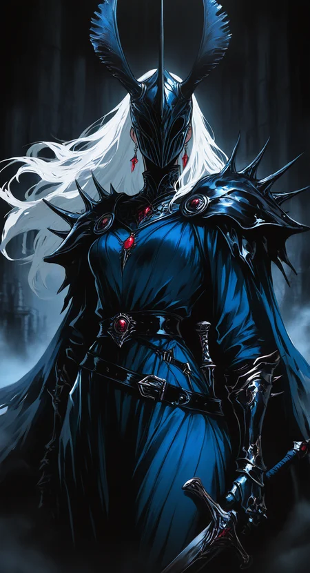 masterpiece, best quality, good quality, very awa, very aesthetic, absurdres, newest, 1girl, solo, long_hair, breasts, delicate dress, jewelry, white_hair, Rhinoceros beetle helmet, hollow helmet, weapon, cowboy_shot, earrings, belt, sword, black_dress, cape, delicate armor, from_side, mask, blue_dress, delicate helmet, delicate_shoulder_armor, gauntlets, black_belt, spikes, pauldrons, covered_eyes, knight, covered_face,
, dark_fantasy_style, dark fantasy, retro, FF Style <lora:ponyv6_noobV1_2_adamW-000017:0.7> <lora:USNR_STYLE_XL_lokr:0.45> <lora:dark_fantasy_anime_illustriousXL:0.6> <lora:MinimalColorSketchIllustriousV1:0.3>