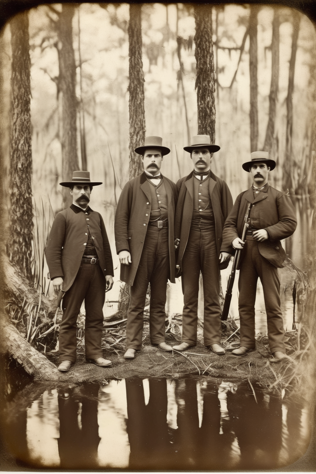 <lora:Albumen Print:1>Albumen Print - Daguerreotype of An inspector with sheriff's officers in the thick of the Louisiana swamps in 1920.
