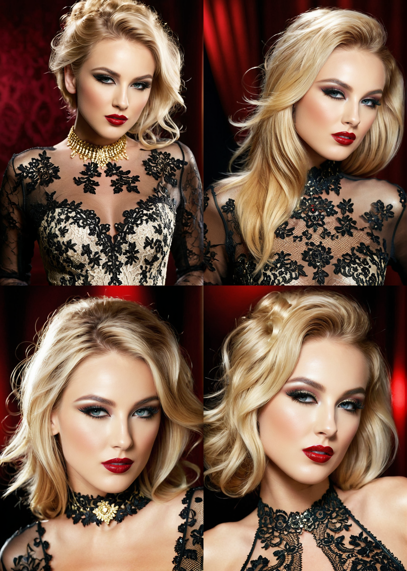 a captivating masterpiece of an woman with blonde hair, half body, The intricate lace and gold details exude a very rebellious aura. ((The use of high-shine gloss adds a touch of glamour to the look)), ((while the deep red and black hues give it a dramatic vibe)), blurred background, studio ligthing, facing camera, shallow depth of field, <lora:MS_DaniWoodward_V1_SDXL:0.8>