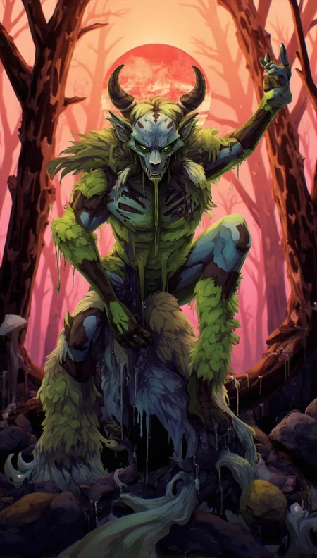 <lora:ck-LttleGhost-000011.safetensors:1> in the style of ck-lttlegh0stA terrifying, anthropomorphic creature emerges from a desolate, pinkish-orange hued forest, its skull-face and skeletal horns twisted in grotesque shapes. Its muscular physique is depicted in a jarring green and blue palette, drawing the viewer's attention with its unsettling presence. The atmosphere is heavy with an otherworldly presence, as if reality itself is unraveling. The artwork features exposed ribs and shredded fur, adding texture to the visually striking and terrifying image.