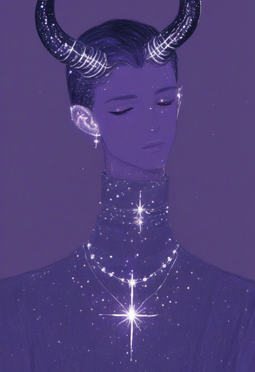 aaar7gl, 1boy, solo, horns, closed eyes, sparkle, jewelry, purple background, earrings, short hair, simple background, painting, drawing, parted lips,