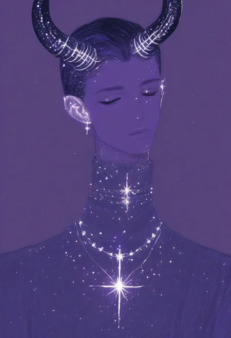 aaar7gl, 1boy, solo, horns, closed eyes, sparkle, jewelry, purple background, earrings, short hair, simple background, painting, drawing, parted lips,
