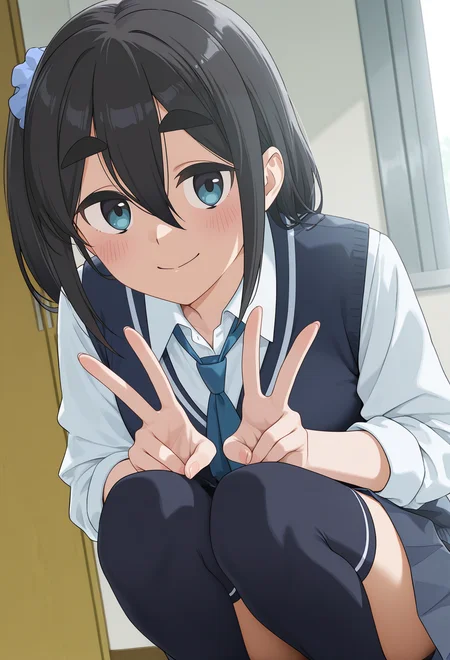 <lora:Satsuki AMAMIYA_illustrious-000056:1>,
Satsuki AMAMIYA,side ponytail,blue scrunchie,thick eyebrows,white shirt,blue necktie,pleated skirt,vest,black thighhighs,
solo,smile,scrunchie,looking at viewer,shirt,blush,collared shirt,hair ornament,closed mouth,vest,school uniform,necktie,indoors,upper_teeth,squatting,double v