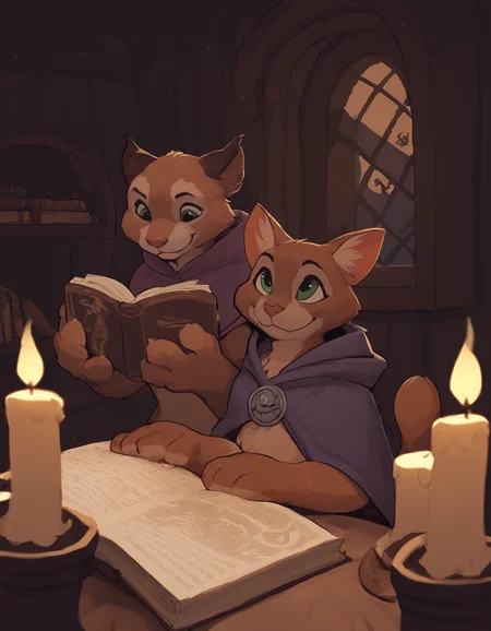 furry, furry brown cat, brown fur, wearing a hooded cloak, purple cloak,  mild smile,  looking down, eyes up, green eyes, cat paws, tail, cat ears, wizard's room, shelfs, potions, candles, books, spiderwebs, round window, medieval, fantasy,  night time, 
 <lora:Seth-Iova__Leosaeta_Artist_Style_Pony_XL:0.8> furry, seth-iova <lora:snowskau:0.8>, score_9, score_8_up, score_7_up, score_6_up, score_5_up,