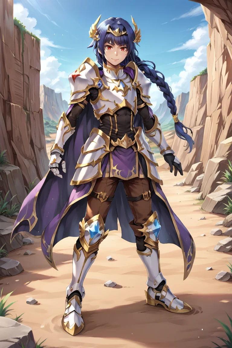 score_9, score_8_up, score_7_up, source anime, BREAK, <lora:Claire__Colt:0.75>, Cbase, Cdef, red eyes, (1boy), blue hair, long hair, low-tied long hair, low-braided long hair, single braid, braided ponytail, braid, tiara, hair ornaments, armor, breastplate, bodysuit under clothes, brown pants, faulds, shoulder armor, gold trim, cape, black sleeves, purple cape, gauntlets, armored shoes, smile, looking at viewer, full body, <lora:m4gXLP:0.5> , m4g, (solo), outdoors, exterior, day, desert, overlook, canyon, scenery, <lora:backgroundsetXL:0.2> , background,