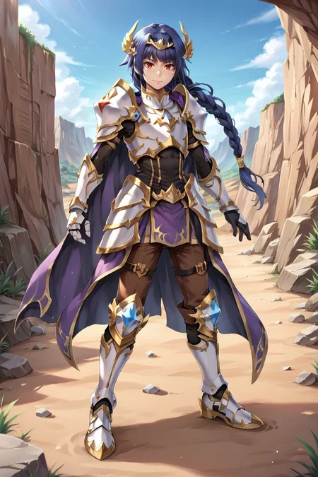 score_9, score_8_up, score_7_up, source anime, BREAK, <lora:Claire__Colt:0.75>, Cbase, Cdef, red eyes, (1boy), blue hair, long hair, low-tied long hair, low-braided long hair, single braid, braided ponytail, braid, tiara, hair ornaments, armor, breastplate, bodysuit under clothes, brown pants, faulds, shoulder armor, gold trim, cape, black sleeves, purple cape, gauntlets, armored shoes, smile, looking at viewer, full body, <lora:m4gXLP:0.5> , m4g, (solo), outdoors, exterior, day, desert, overlook, canyon, scenery, <lora:backgroundsetXL:0.2> , background,