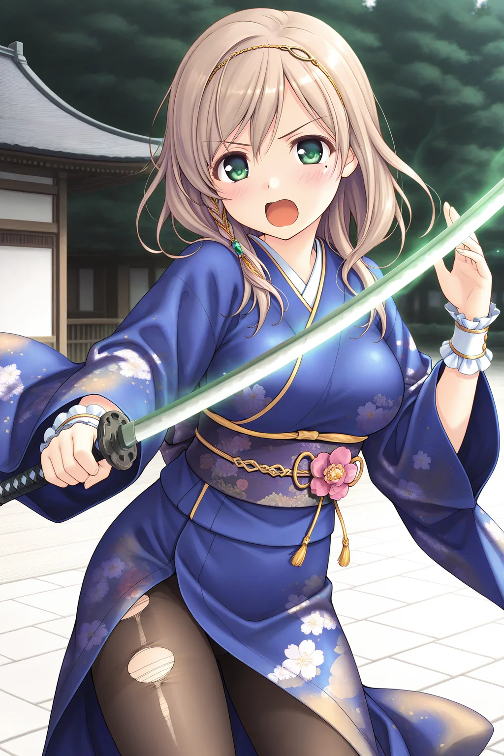 masterpiece, best quality, absurdres, official art, official style, rating general BREAK <lora:sarashinamutsumi_IL_v1-1:0.7>, sarashina mutsumi, 1girl, solo, green eyes, mole under eye, light brown hair, long hair, single braid, side braid, hair between eyes, swept bangs, head chain, gold trim, hair tubes, green gem, hair over shoulder, large breasts, medium breasts, japanese clothes, blue kimono, short kimono, print kimono, floral print, long sleeves, wrist cuffs, wide sleeves, sash, obi, pink flower, waist flower, pink flower ornament, tassel, black pantyhose, brown pantyhose, torn pantyhose, open mouth, blush, katana, holding sword, glowing sword, energy sword, unsheathed, shiny hair, cowboy shot, dynamic pose, sword swing, action scene, traditional japanese setting, flowing sleeves, intense expression, hair moving, motion blur, dramatic lighting, no opponent, focused stance, >:, a little angry, closed mouth, looking at viewer, v-shaped eyebrows, outdoors, traditional east asian architecture