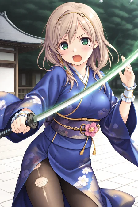 masterpiece, best quality, absurdres, official art, official style, rating general BREAK <lora:sarashinamutsumi_IL_v1-1:0.7>, sarashina mutsumi, 1girl, solo, green eyes, mole under eye, light brown hair, long hair, single braid, side braid, hair between eyes, swept bangs, head chain, gold trim, hair tubes, green gem, hair over shoulder, large breasts, medium breasts, japanese clothes, blue kimono, short kimono, print kimono, floral print, long sleeves, wrist cuffs, wide sleeves, sash, obi, pink flower, waist flower, pink flower ornament, tassel, black pantyhose, brown pantyhose, torn pantyhose, open mouth, blush, katana, holding sword, glowing sword, energy sword, unsheathed, shiny hair, cowboy shot, dynamic pose, sword swing, action scene, traditional japanese setting, flowing sleeves, intense expression, hair moving, motion blur, dramatic lighting, no opponent, focused stance, >:, a little angry, closed mouth, looking at viewer, v-shaped eyebrows, outdoors, traditional east asian architecture