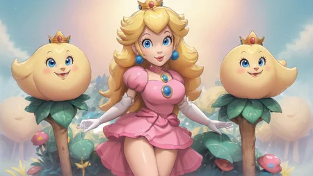 highres,masterpiece,perfect ligthing,bloom,cinematic lighting,adult,perfect skin,female,cowboy shot,smile,narrow waist,skinny,,(PrincessPeach),choker,detailled eyes,blue eyes,sensual,mushroom kingdom,pink lips,(glossy lips),pursed lips,pink pumps,glossy skin,oily skin,beautiful light,(day:1.3),bright,looking at viewer,pch,pink dress,brooch,puffy sleeves,short sleeves,smile,lipstick,elbow gloves,earrings,crown,outside of castle,large breasts,