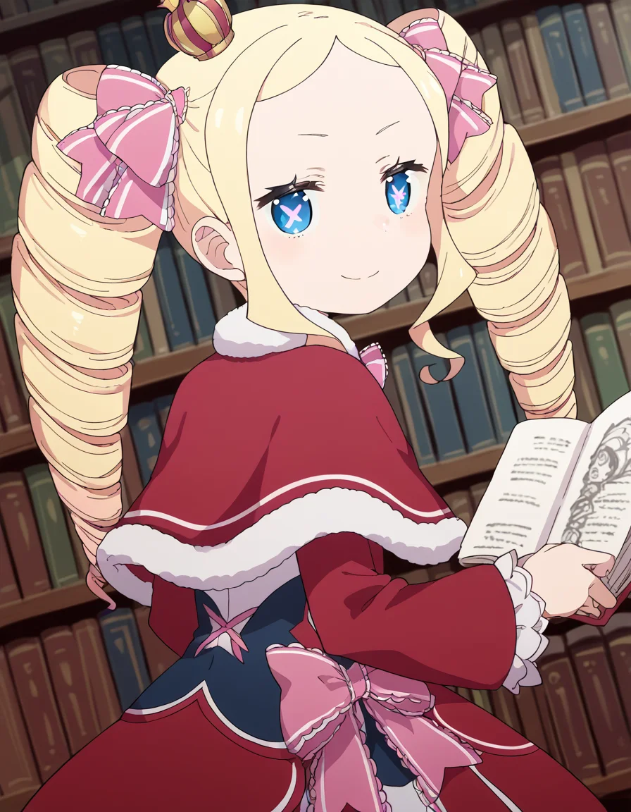 score_9, score_8_up, score_7_up, source_anime, <lora:rezero-beatrice-s3-p1-ponyxl-lora-nochekaiser:1>, beatrice, long hair, blue eyes, blonde hair, twintails, hair ribbon, sidelocks, symbol-shaped pupils, drill hair, twin drills,, dress, ribbon, fur trim, capelet, crown, mini crown, red capelet, frills, bowtie,, library, books, shelves, reading, quiet, smile, <lora:shaft-look-ponyxl-lora-nochekaiser:1>, shaft look, looking back, from behind, head tilt,, looking at viewer, solo,, dutch angle, cowboy shot