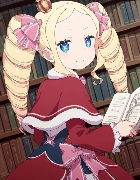 score_9, score_8_up, score_7_up, source_anime, <lora:rezero-beatrice-s3-p1-ponyxl-lora-nochekaiser:1>, beatrice, long hair, blue eyes, blonde hair, twintails, hair ribbon, sidelocks, symbol-shaped pupils, drill hair, twin drills,, dress, ribbon, fur trim, capelet, crown, mini crown, red capelet, frills, bowtie,, library, books, shelves, reading, quiet, smile, <lora:shaft-look-ponyxl-lora-nochekaiser:1>, shaft look, looking back, from behind, head tilt,, looking at viewer, solo,, dutch angle, cowboy shot