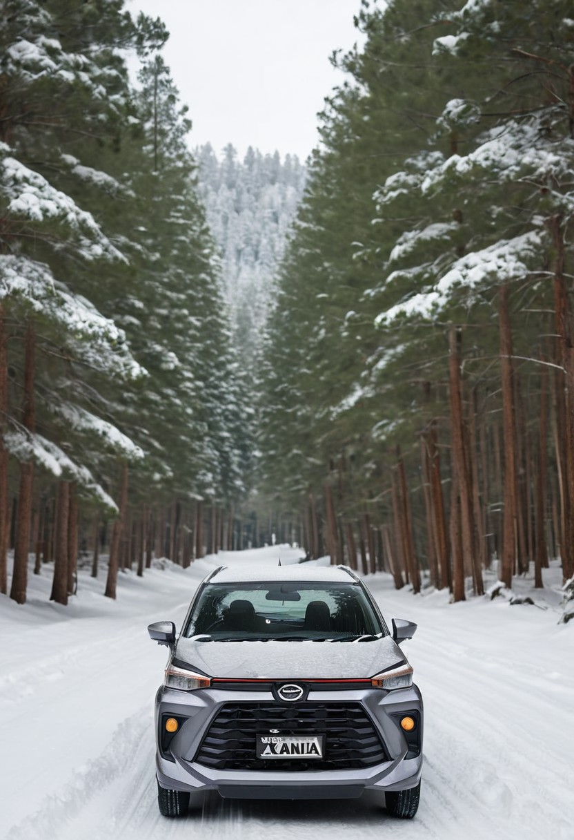 high resolution, best quality, Car, Daihatsu Xenia, Snow-covered road, pine forest, winter day,
