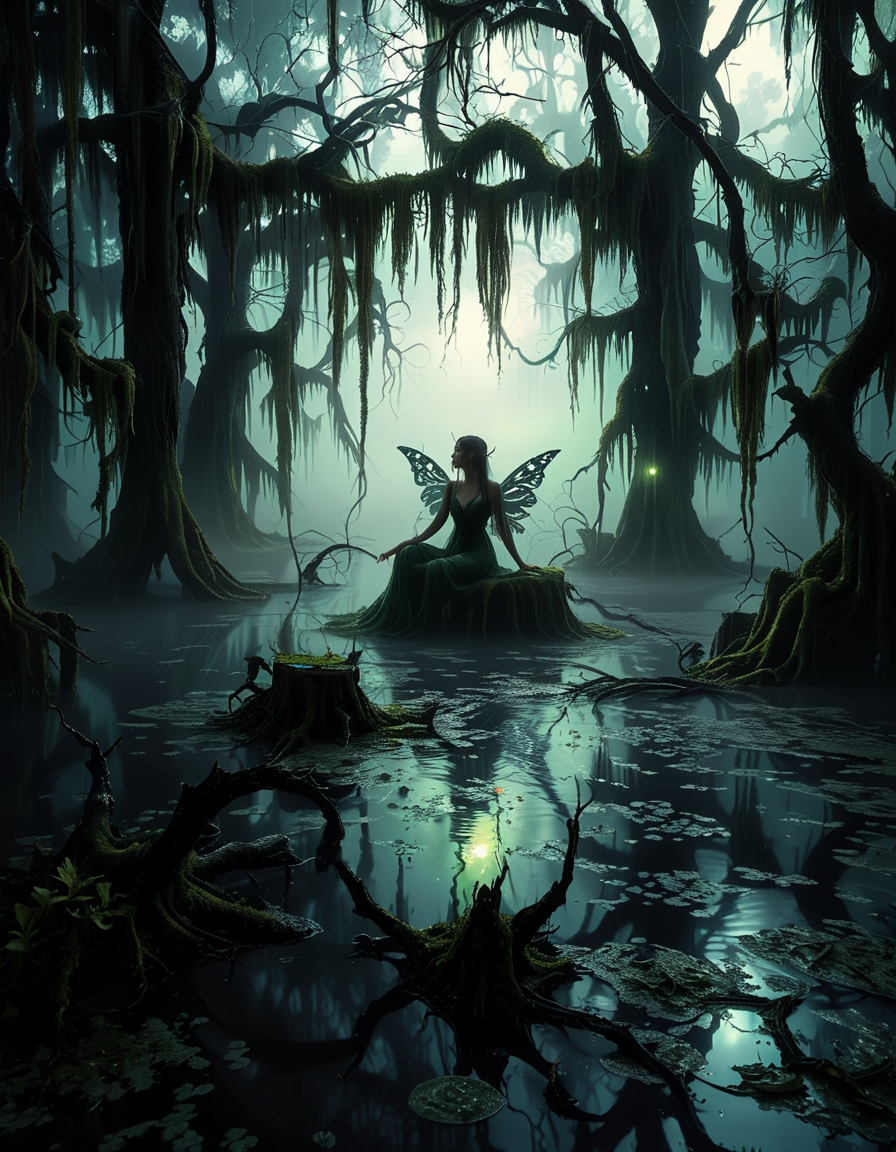 A demonic fairy woman sitting gracefully in an ominous swamp,0m1n0us sw4mp. She has a hauntingly beautiful appearance, with translucent, tattered wings resembling those of an insect, glowing faintly in a dark, eerie hue. Her skin is pale with subtle, intricate patterns like magical runes etched into it, and her eyes glow with an unsettling red or violet light. She wears an ethereal, dark gown made of shredded, otherworldly fabric that appears to flow like smoke, blending with the mist of the swamp. Her hair is long, wild, and black with streaks of silvery white, floating slightly as if affected by unseen magical energy.
The swamp around her is dark and foreboding, with twisted, gnarled trees reaching out like claws. The water is murky, reflecting a pale, sickly green glow from bioluminescent plants and fungi scattered throughout. The air is filled with a faint, ghostly mist, and strange, faint lights hover in the background, adding a mystical atmosphere. The lighting is dim, with a soft, ethereal glow illuminating the fairy woman from below, contrasting with the deep shadows of the swamp. The mood is dark, mysterious, and magical, evoking both beauty and menace.<lora:SDXLFaeTastic2400:0.4> <lora:extremely_detailed:0.4> extremely detailed, <lora:0m1n0us_sw4mp:1>, Masterpiece,best quality,hi res,8k,hi res,8k,award winning,(sharp focus, intricate, highly detailed),