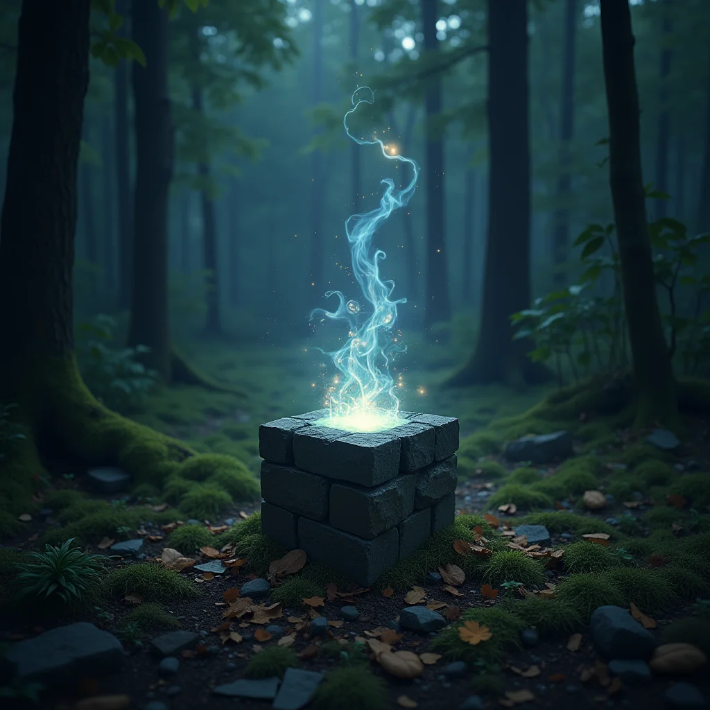 Spiritual cube with portal on reeds ground, palette, vintage