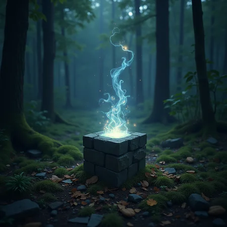 Spiritual cube with portal on reeds ground, palette, vintage