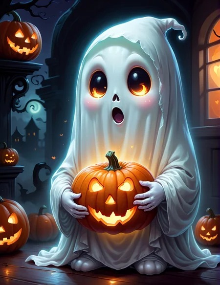 digital art of an adorable ghost, glowing within, holding a heart shaped pumpkin, Halloween, high quality, masterpiece, 8k, super cute, sticker