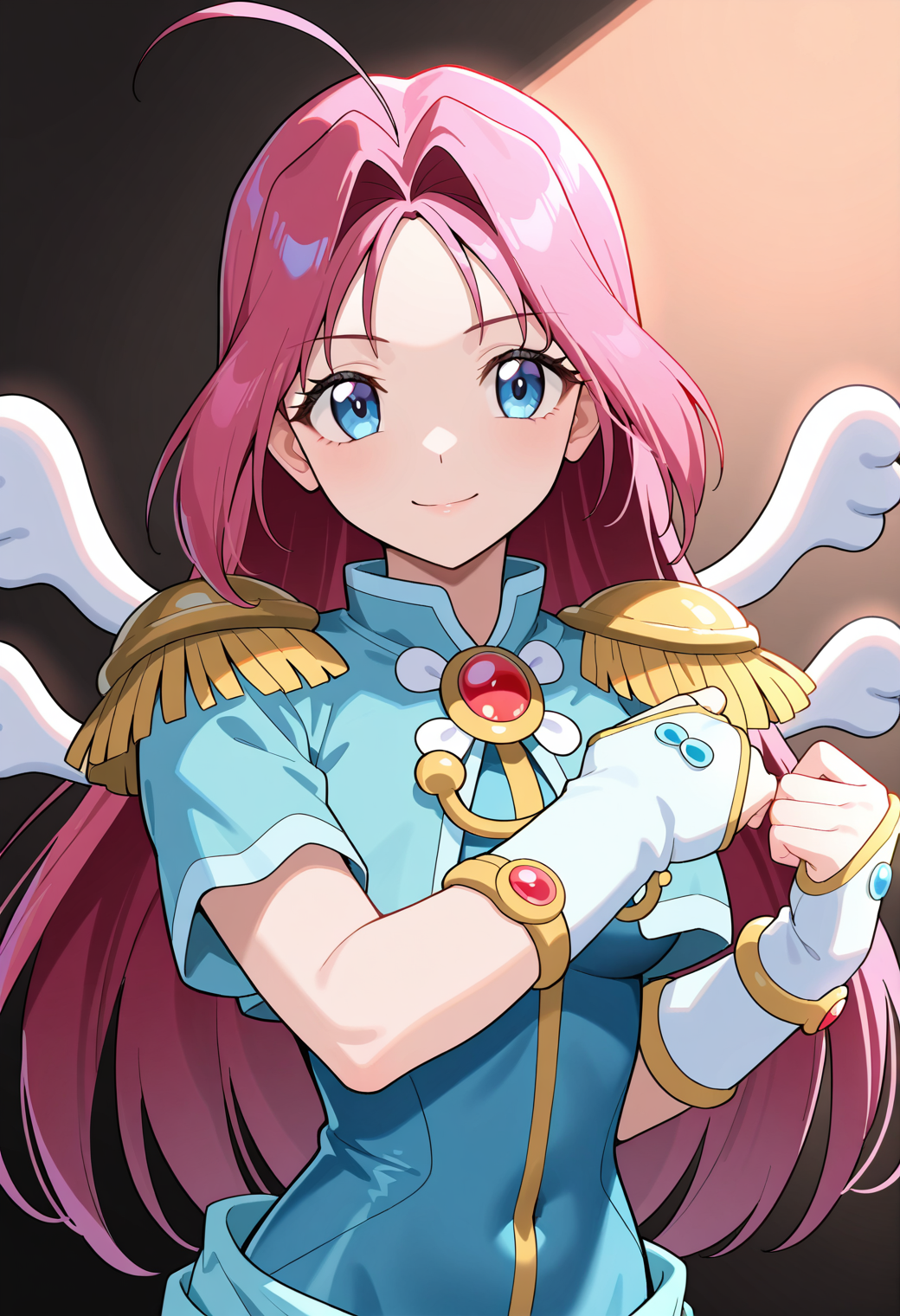 masterpiece, best quality, very aesthetic, absurdres, 1girl, solo,
<lora:corrector_haruna_water_v02:1.0>, corrector_haruna, water_element_suit, pink hair, long hair, ahoge, blue eyes,
magical girl, small wings, epaulettes, blue bodysuit, brooch, aiguillette, bridal gauntlet, (smile:0.7), posing, upper body