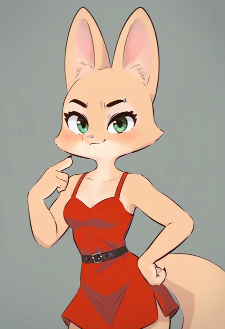 1girl, Diane Foxington, emerald eyes, cute fox, furry, medium breasts, anthro, head ornament, red dress, short dress, cut dress, smirk