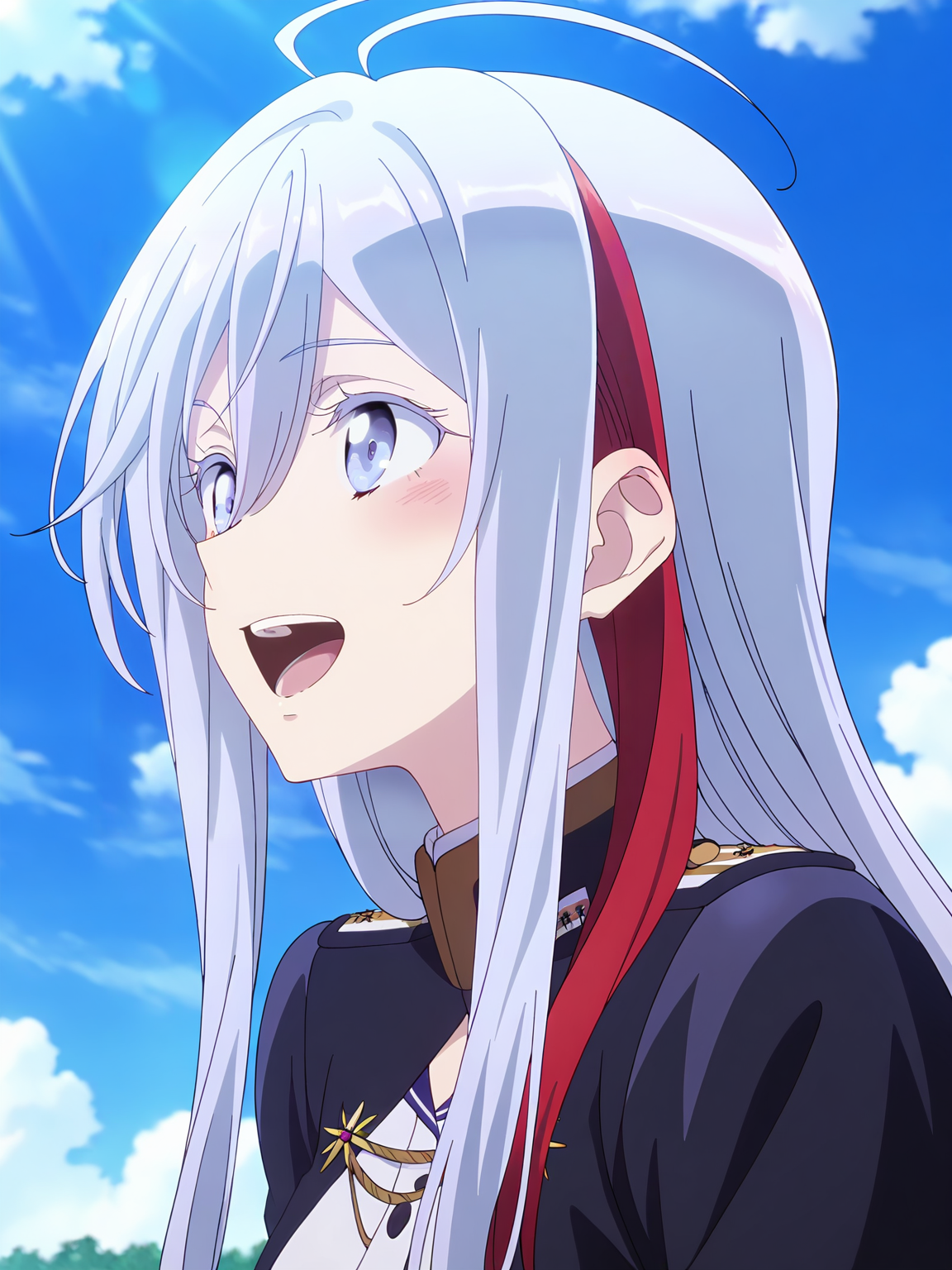 <lora:Vladilena_Milizé:0.8>, vladilena millize, 1girl, solo, blue eyes, long silver hair, ahoge, red streaks, military uniform, gold trim, white shirt, happy, open mouth, teeth, blush, standing, leaning forward, portrait, looking ahead, outdoors, blue sky, cloud, day, sunlight
