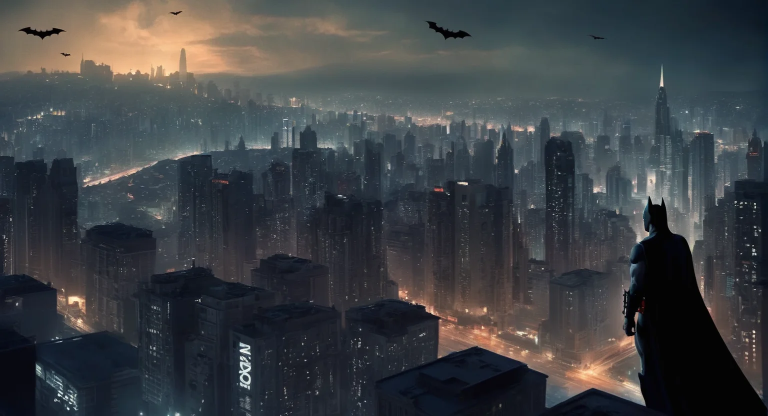 concept art of Cinematic Film stock footage in (arri alexa style) Kodak film print, <lora:Batman Beyond:1> Batman Beyond a batman flying over a city at night, digital artwork, illustrative, painterly, matte painting, highly detailed