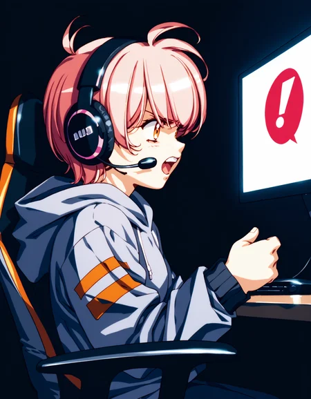 score_9, score_8_up, score_7_up <lora:Urushihara Satoshi_XL_PONY_V2:0.6>
<lora:tippi-ponyxl-000025:1> tippi, pink hair, orange eyes, hoodie,
1girl, solo, headset, gaming chair, looking at screen, streamer, dark, glowing, angry, shouting, spoken anger vein, from side, mood lighting, dark cinematography, low lights