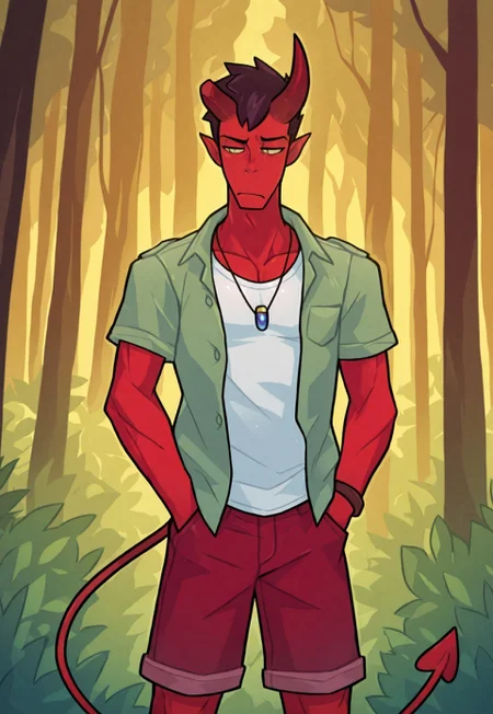 , safe_pos, solo, masterpiece, detailed, uwa, huge filesize, ultra hd, best quality, male focus, (absurdres, highres),
1boy, Damien_Lavey, red skin, demon horns, demon tail, Green button up, open shirt, white T-shirt, red shorts, blue pendant, bracelet, bored expression, forest background, hands in pockets, black pupils