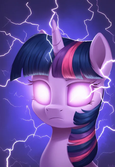 score_9, score_8_up, score_7, score_6, score_5, Twilight Sparkle_(mlp), 1girl, solo, pony, Purple Eyes, Purple Skin, IncrsLowTier, glowing eyes, no eyes, electricity, upper body