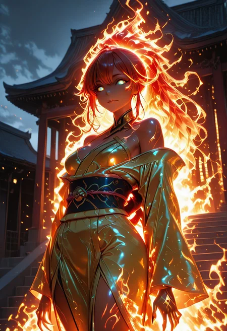 score_9, score_8_up, score_7_up, source_anime, highly detailed, an1p1xel Yukinoshita Yukino masterpiece, best quality, Sole female, mature beauty, icy blue eyes, yellow eyes, glowing eyes, perfecteyes, long hair, fire red hair, glowing hair, flaming hair, fire, stairs, luscious soft lips, tanned skin, colored skin, (bronze skin:1.3), clawed fingers, long nails, standing, fire themed glowing kimono, red orange and yellow kimono. Kimono off the shoulder, bare shoulders, sky, flames, temple, looking at viewer, upper body, from below, looking forward, soft smile, Demonic Powers BREAK