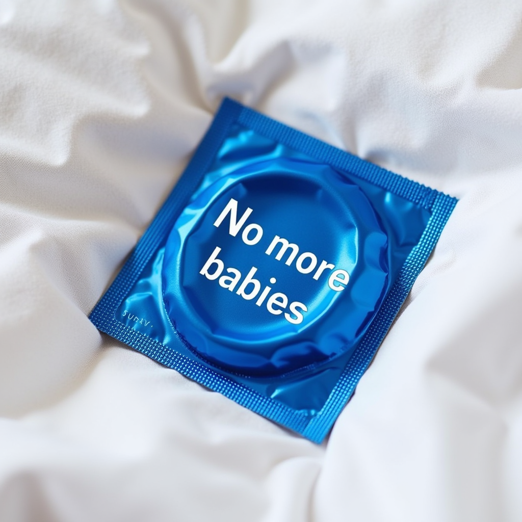 photo of a metallic blue condom wrapper laying on the bed with white text "No more babies" written on the wrapper