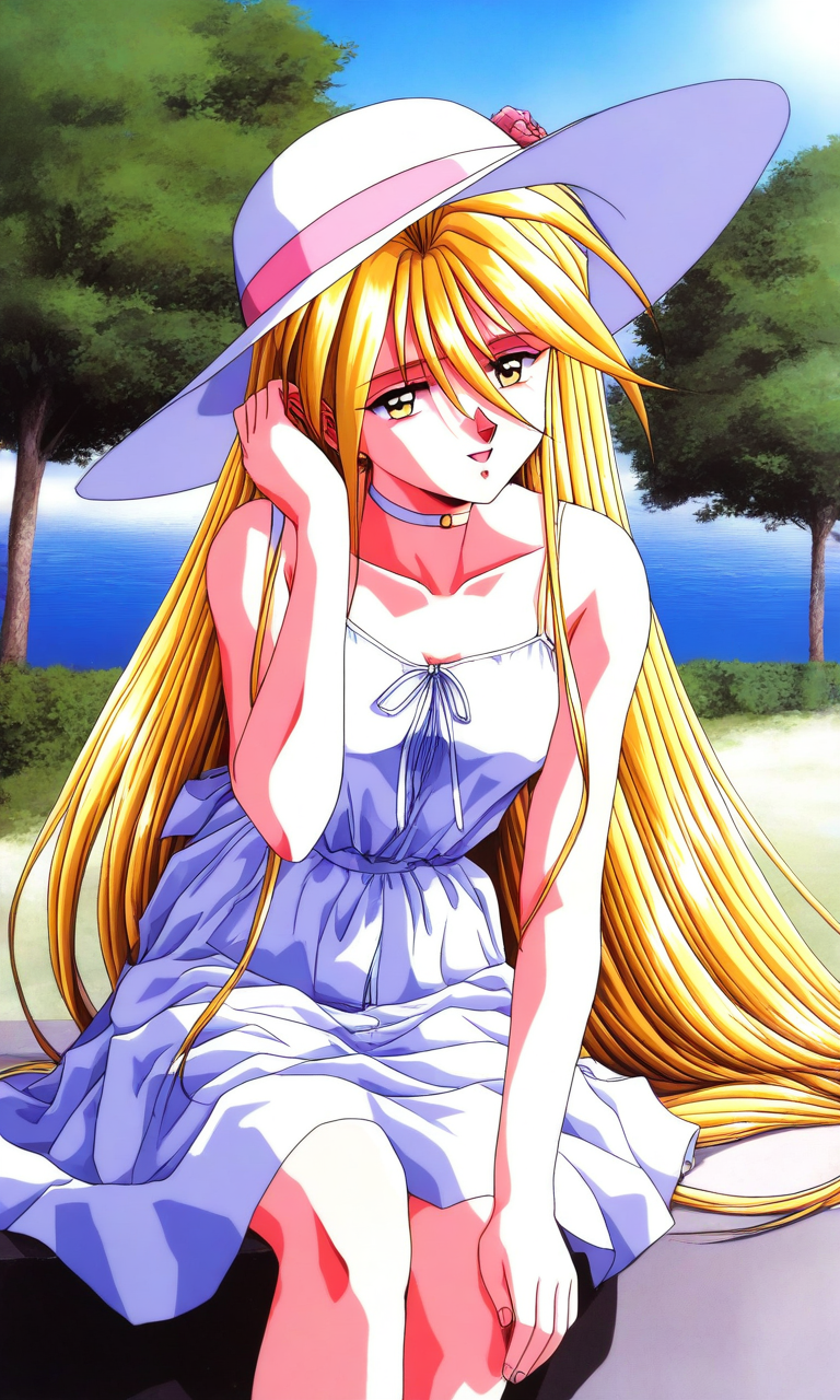 general,highres, ultra-detailed,very aesthetic,best quality ,best hands, BREAK <lora:Ijuuin_Rei_Tokimeki_Memorial_IS:1>
Ijuuin_Rei(Tokimeki_Memorial), 1girl, solo, blonde hair, yellow eyes, hair between eyes, breasts, 
long hair, hat, white dress, sundress, sun hat, day, outdoors,  sitting,
 water, choker, 1990s (style), tree,
very long hair, sleeveless dress, sleeveless, 
sky, hair between eyes, ribbon