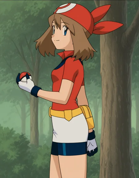 official style,may (pokemon), pokemon (anime), 2000s,brown hair, blue eyes, red bandans, red shirt, short sleeves, gloves, white pouch, white skirt, short skirt, pencil skirt, bike shorts,(standing:1.5),(holding poke ball :1.5),
explicit,(anime screencap), 2d cel anime,anime cap,anime,anime style,anime cel,cell shadedsoft brightness,perfect face,perfect nose, perfect hair, perfect eyes,perfect female body,perfect skin,a face of perfect proportion,perfect lighting,perfect anatomy,perfect proportion,perfect hands,perfect legs,perfect fingers,masterpiece,hair between eyes,
breasts,
perky breasts,best quality,very aesthetic,absurdres,16k,intricate detail,amazing quality,(bold:3.12),thick outline,black outline,harsh lines,soft lines,deluster,boldline,curvy,(anime coloring:1.2), smile,slim,
looking at viewer,
super fine illustration,detailed linework,vibrant colors,kawaii,flat color,outdoors,forest,
(from side:2.5),
<lora:ãã±ããã¢ã³ã¹ã¿ã¼ãã«ã«åå ´çã¢ãã¡ä½ç»é¢¨PokemonMayMovie_ANIME_Styleillustrious-000015:1:0.8>