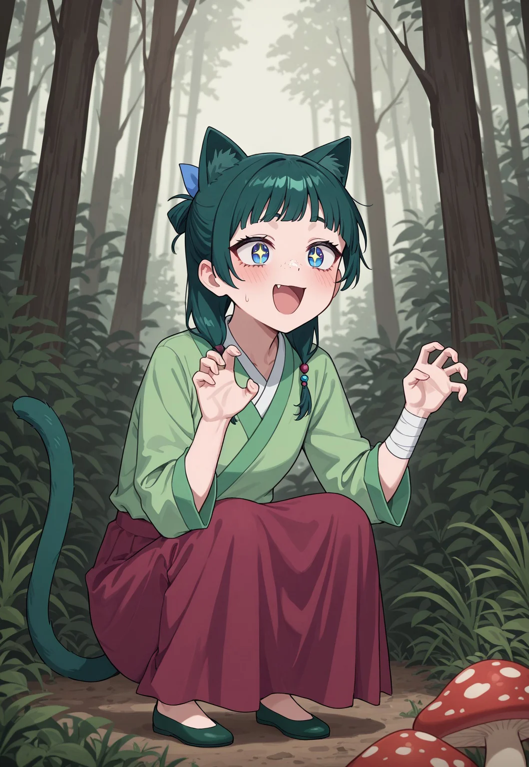 masterpiece, best quality, amazing quality, very aesthetic, absurdres, gras, forest, mushrooms, excited, sparkling eyes, looking at mushrooms, ADMao2, 1girl, solo, green hair, blue eyes, freckles, flat chest, low twintails, half updo, hair beads, blue hair bow, hair over shoulder, green aoqun, long sleeves, red long skirt, green flats, squatting, claw pose, bandaged arm, green cat ears, green cat tail, happy