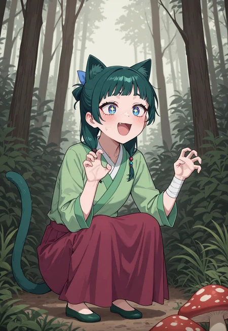 masterpiece, best quality, amazing quality, very aesthetic, absurdres, gras, forest, mushrooms, excited, sparkling eyes, looking at mushrooms, ADMao2, 1girl, solo, green hair, blue eyes, freckles, flat chest, low twintails, half updo, hair beads, blue hair bow, hair over shoulder, green aoqun, long sleeves, red long skirt, green flats, squatting, claw pose, bandaged arm, green cat ears, green cat tail, happy