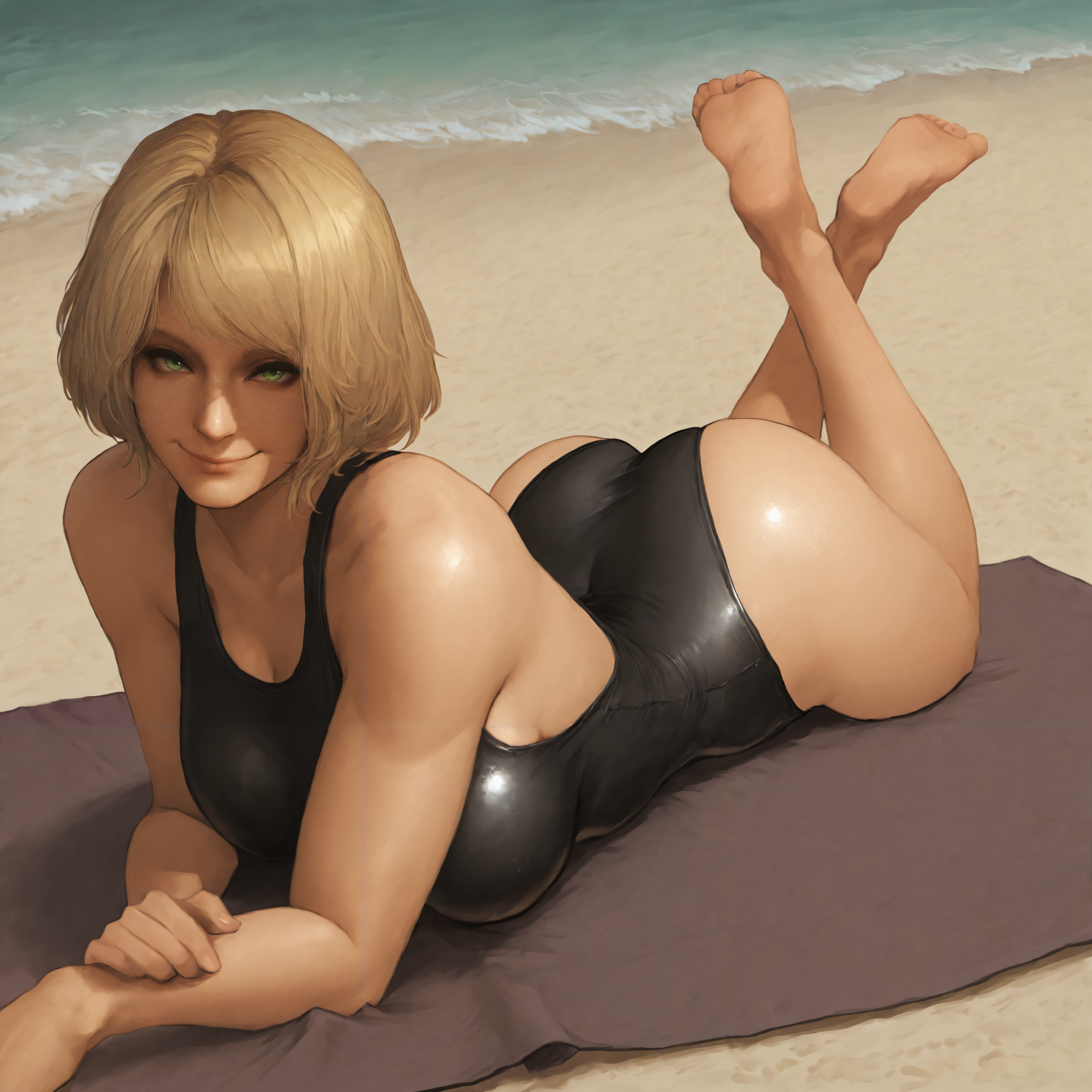 <lora:Ashley_Graham_resident_evil_4_remake:0.7> masterpiece, best quality, outdoors, looking at viewer, smile, closed mouth, 1girl, solo, ashgrahamley, green eyes, blonde hair, short hair, beach, sand, sunlight, black one-piece swimsuit, lying, on stomach, beach towel, smile, barefoot, legs up