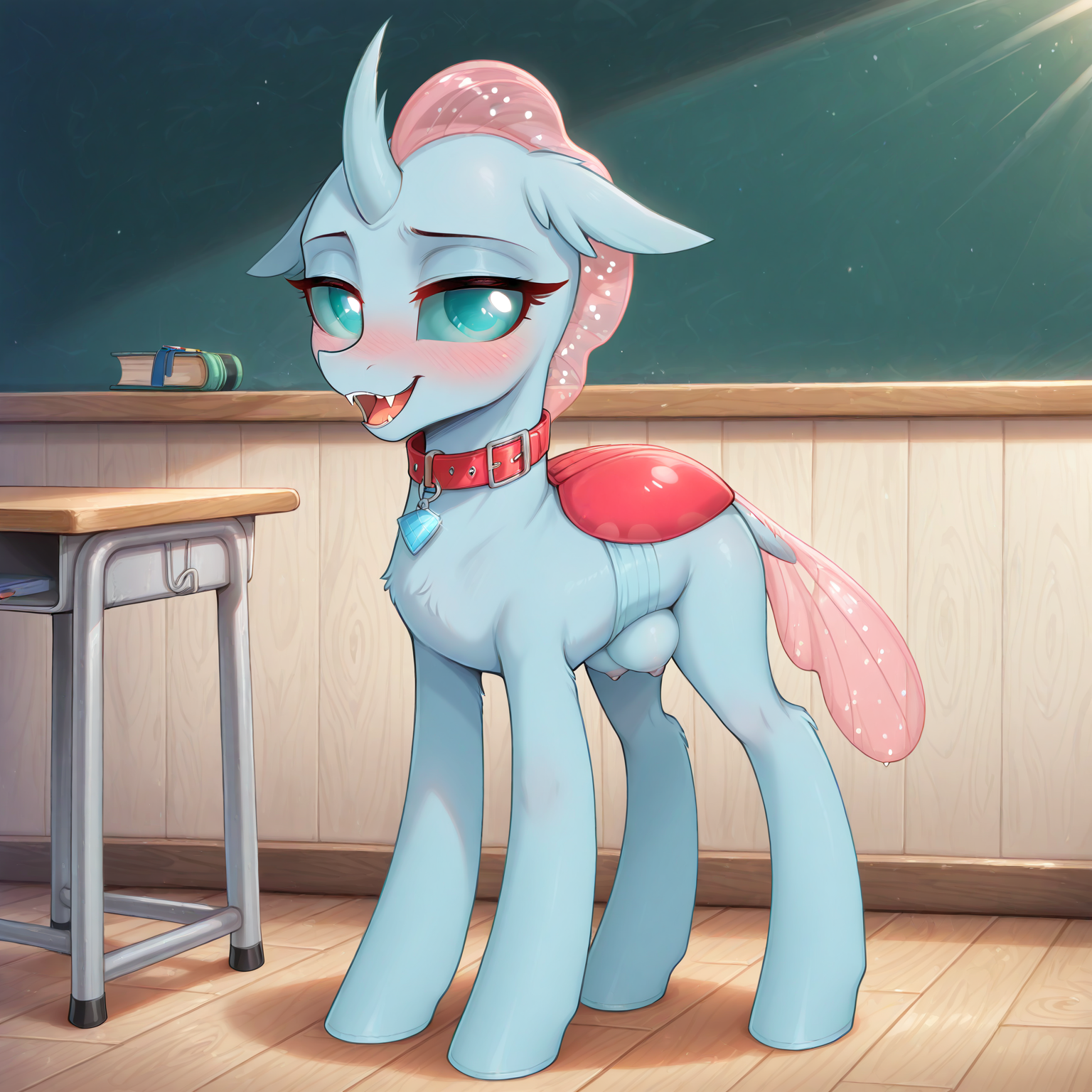 score_9, score_8_up, score_7_up, score_6_up, score_5_up, score_4_up, duo,
1girl, Ocellus, Feral, Changedling, Cerulean skin, compound Teal eyes, Light_amaranth hair, Cerulean horn, Cerulean ears, Light_amaranth tail, 
medium crotchboobs,  
collar,  
detailed, beautiful, perfect eyes,
standing in 4 legs, smiling, fangs, slight blush,
winking at viewer,
classroom,
side virew, full body shot,