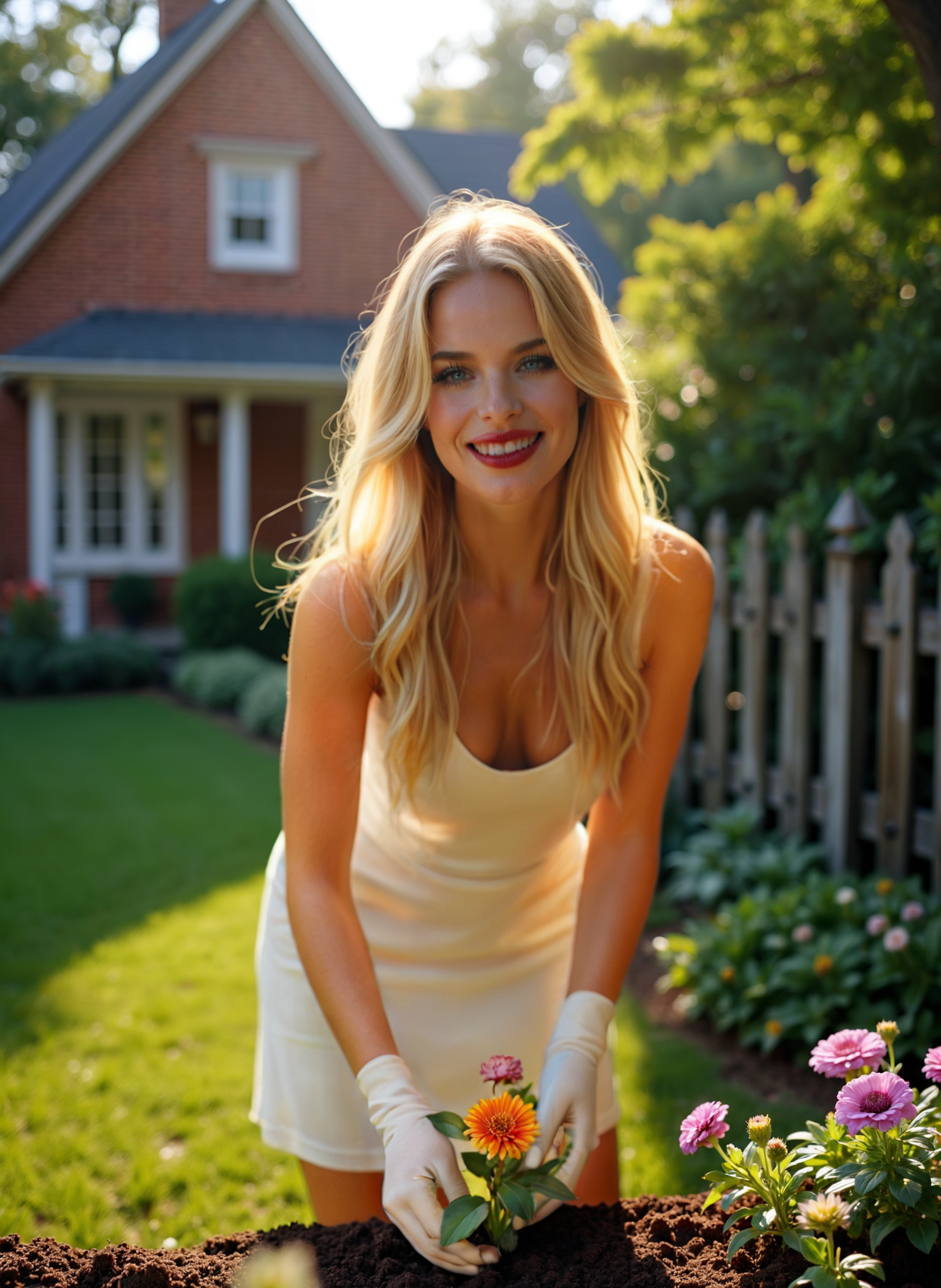 Photograph of a young woman in a white dress and brown boots planting a flower in a garden. She is bending over and is smiling at the camera. The garden is filled with colorful flowers and there is a potted plant on the right side of the image. In the background, there are trees and a house with a red brick exterior. The sky is blue, and the sun is shining, creating a warm glow on the scene. The woman appears to be happy and carefree as she works in the garden. <lora:add-detail-xl:.5>  <lora:Flux-style-xl-lora:.5>