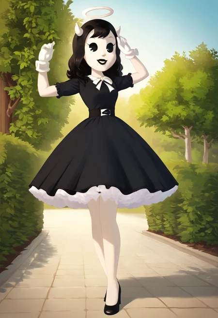 (Masterpiece, best quality:1.2), score_9, score_8_up, flat color, flat shading, soft shading, lighting, Alice Angel in a 1950's dress with a button down top, a fluffy frilly ruffled full petticoat, and high heels, dress, layered petticoat, frilly petticoat, fluffy petticoat, full petticoat, wide dress, flowing dress, long skirt, solid colored skirt, short sleeves, black hair, Bendy and The Ink Machine, series accurate, cute, best high quality, high res, black lips, white colored skin, whole body shot, 1girl, solo, outside, standing straight, in a garden, cute, adorable, smile, low angle shot, cartoon, cartoon style, vector, solo, circle dress, 1950s, alice angel