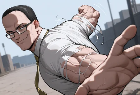 masterpiece, best quality, newest, absurdres, highres, IncrsPunchMeme, <lora:PepePunchMeme_illusXLNoobAI_Incrs_v1:1.3>, outdoors, motion lines, upper body, <lora:Senator-Armstrong-NoobAi-1.1_V1-Manityro-CAME:0.85> grey eyes, buzz cut, black hair, very short hair, manly, double chin, veins, black-framed eyewear, white shirt, torn clothing, torn shirt, yellow necktie, smirk,
