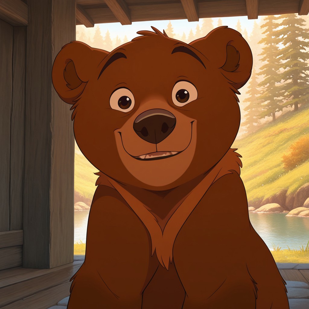 dynamic, expressive, best quality, amazing quality, detailed, indoors, detailed background, shaded,koda, solo, 1boy, bear, dark brown fur, orange neck fur, orange muzzle, dark brown legs, dark brown paws, looking at viewer, smile, outdoors, detailed scene